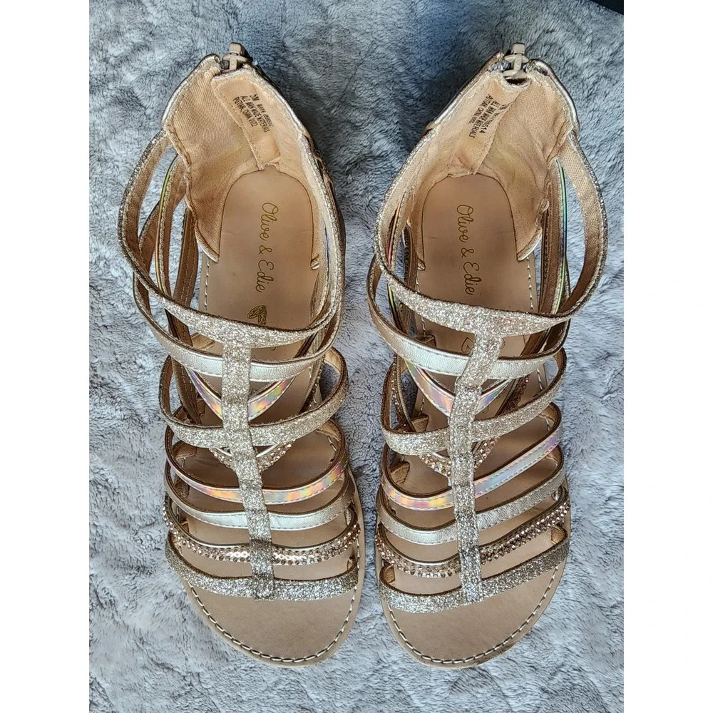 Olive & Edie Gold Strappy Gladiator Sandals Girls Size 5 Maya Glitter Iridescent